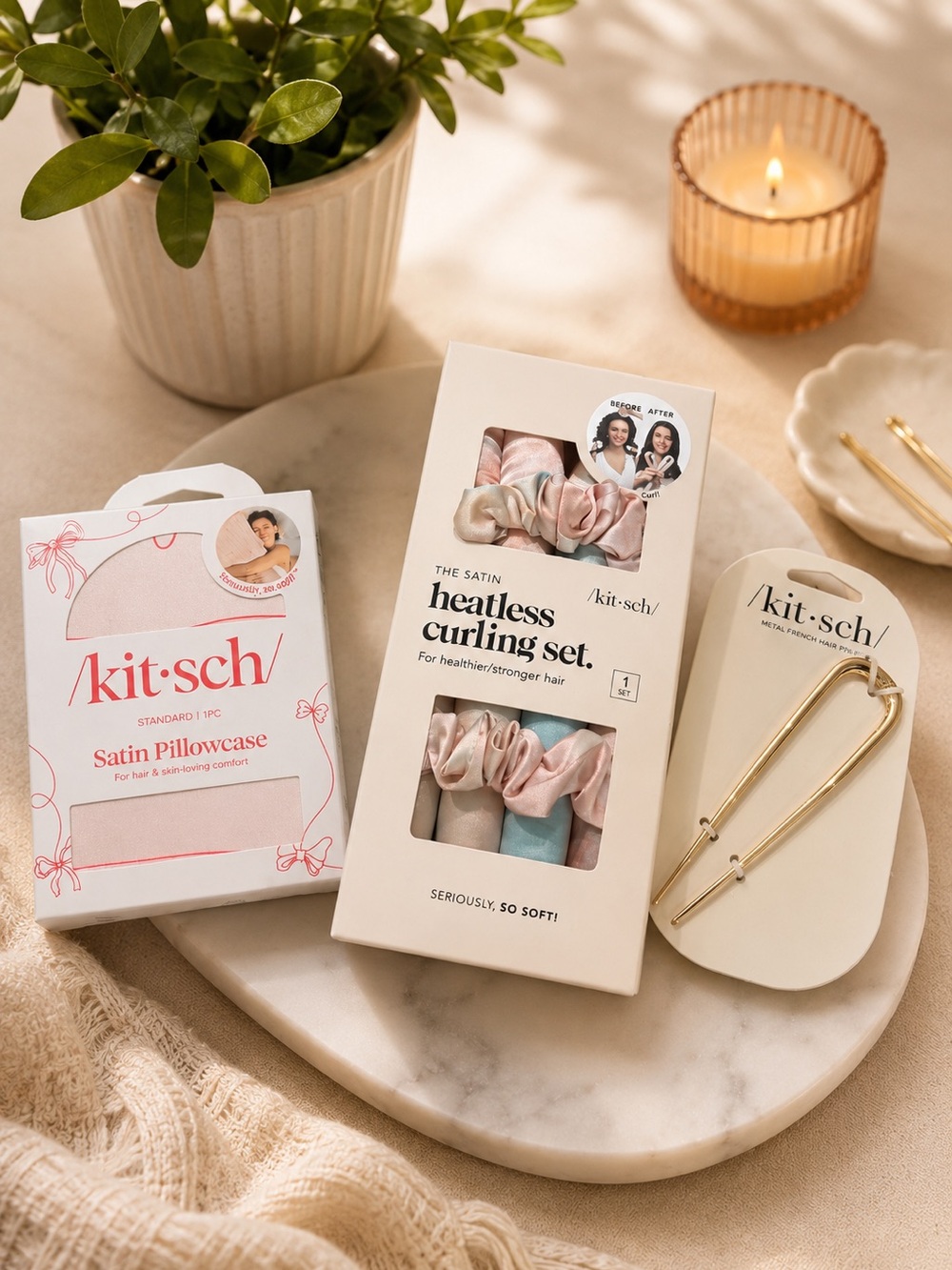 kitsch Satin Heatless Curling Set & Pillowcase - Pink/Blush